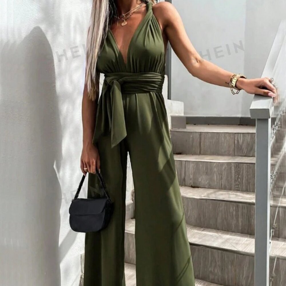NEW Lg 40 bust waist 31/32 GREEN HALTER JUMPSUIT